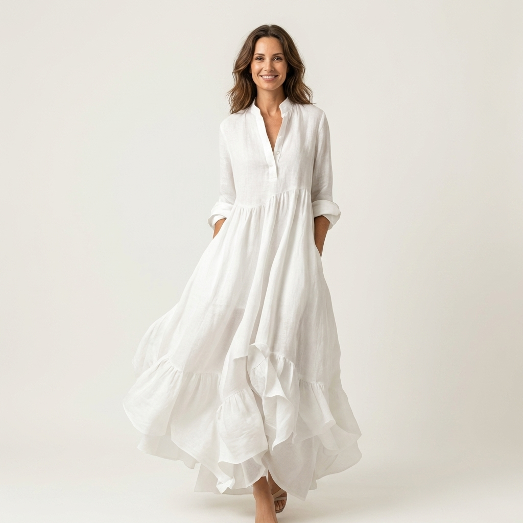 Stand Collar Long Sleeve Button Front Ruffle Hem Maxi Dress