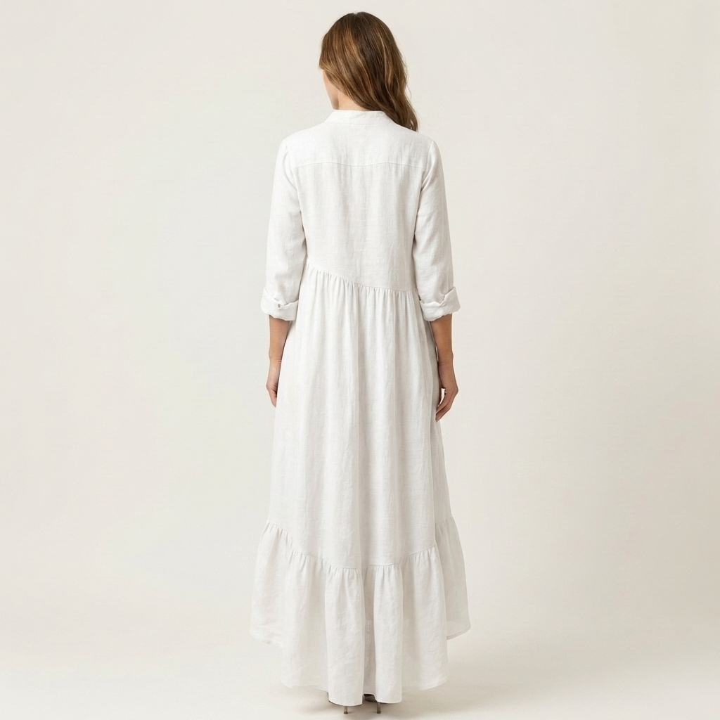 Stand Collar Long Sleeve Button Front Ruffle Hem Maxi Dress