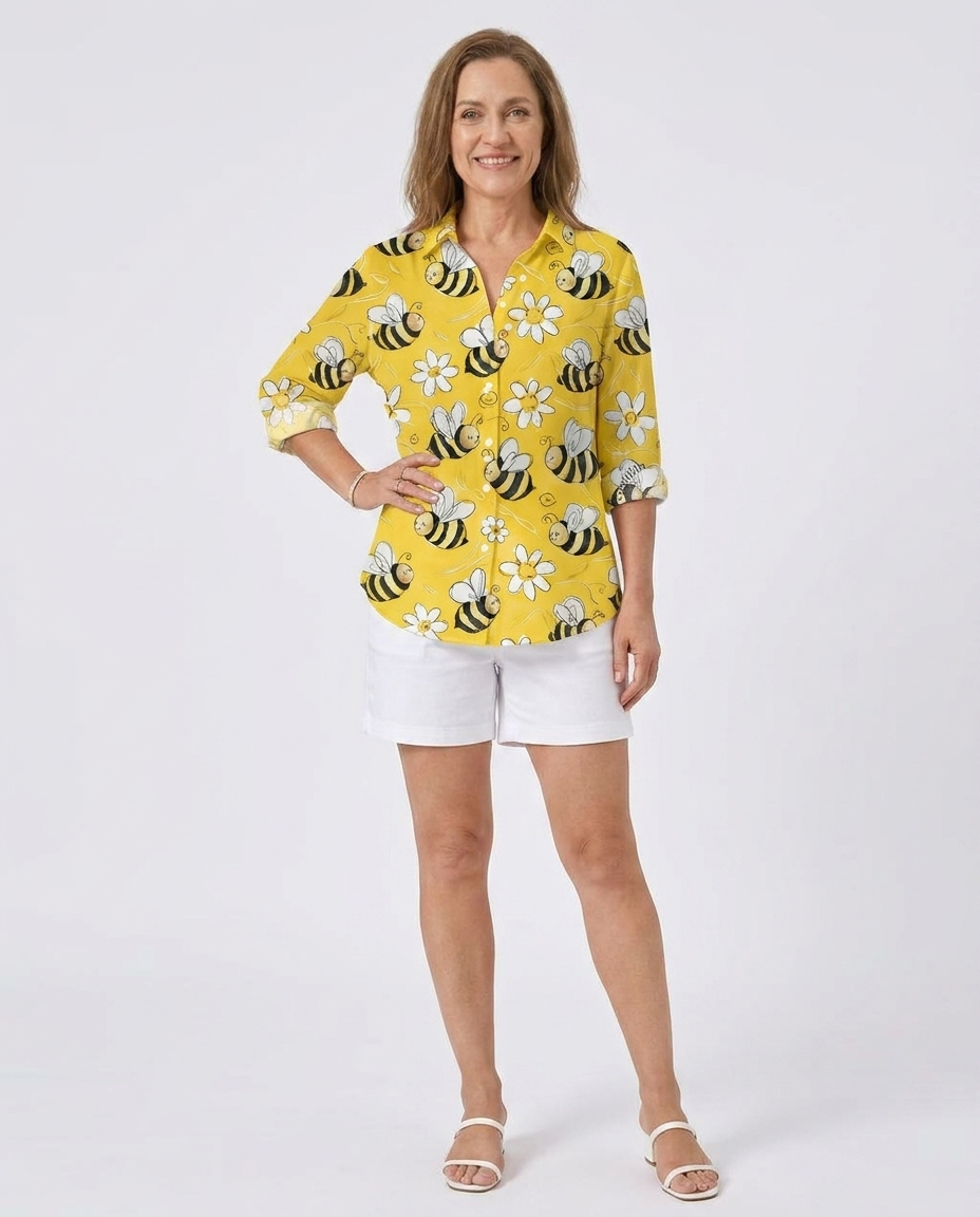Bee Floral Print Button Front Roll Sleeve Shirt