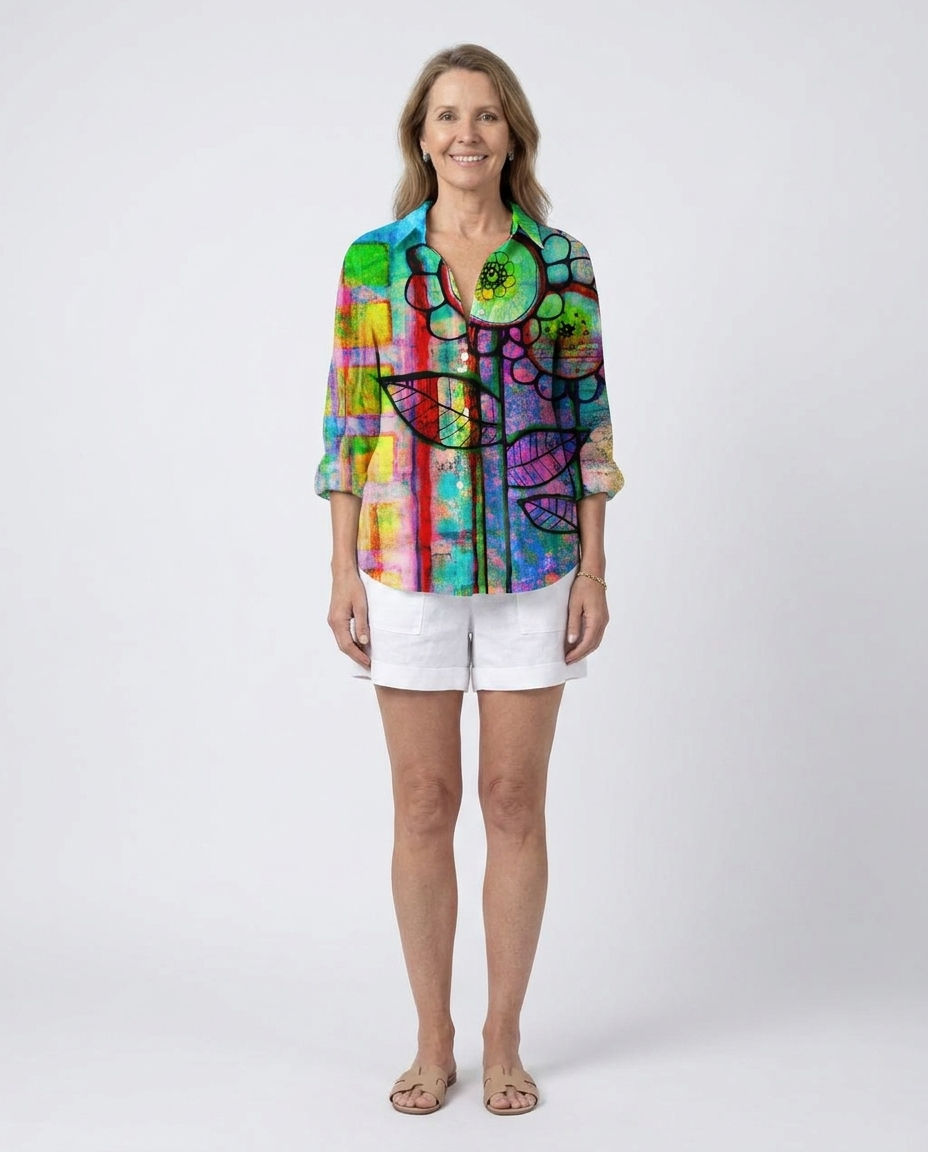 Abstract Floral Print Long Sleeve Button Front Shirt