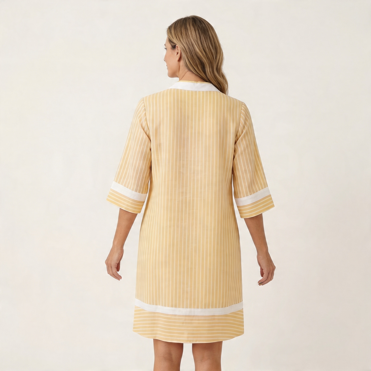 Striped Contrast Trim V-Neck Three Quarter Sleeve Tunic Shift Dress