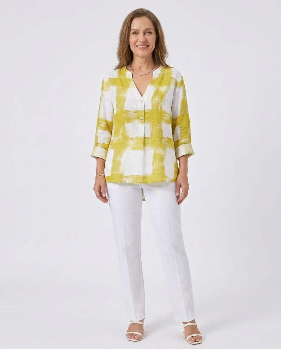 Brushed Check Print Notch Neck Roll Sleeve Tunic Top