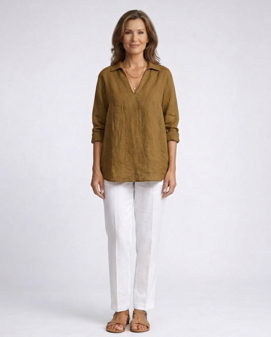 Collared V-Neck Long Sleeve Linen Look Popover Top