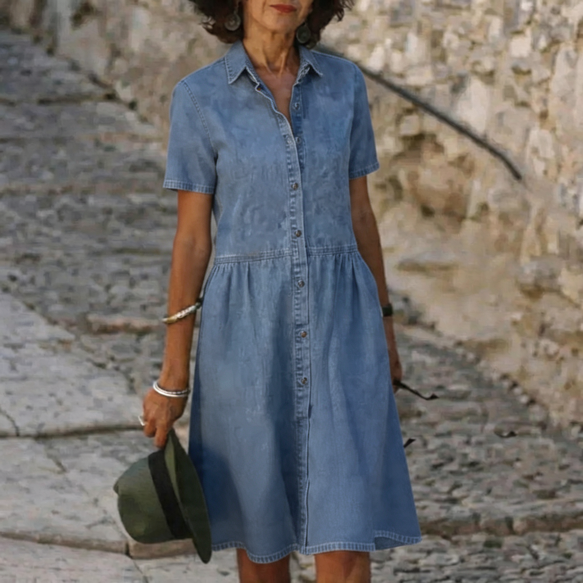 Denim Look Short Sleeve Button Front Shirt Dress