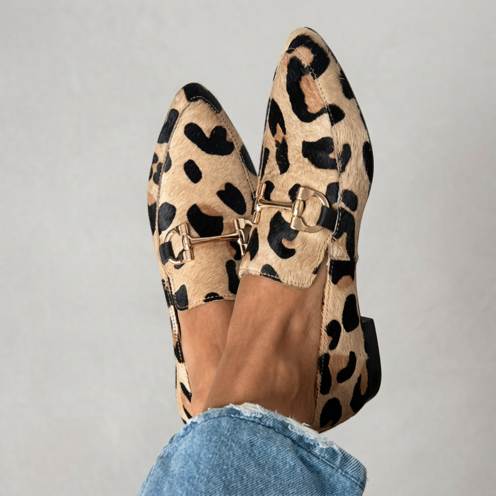 Leopard Print Pointed Toe Horsebit Flat Loafers