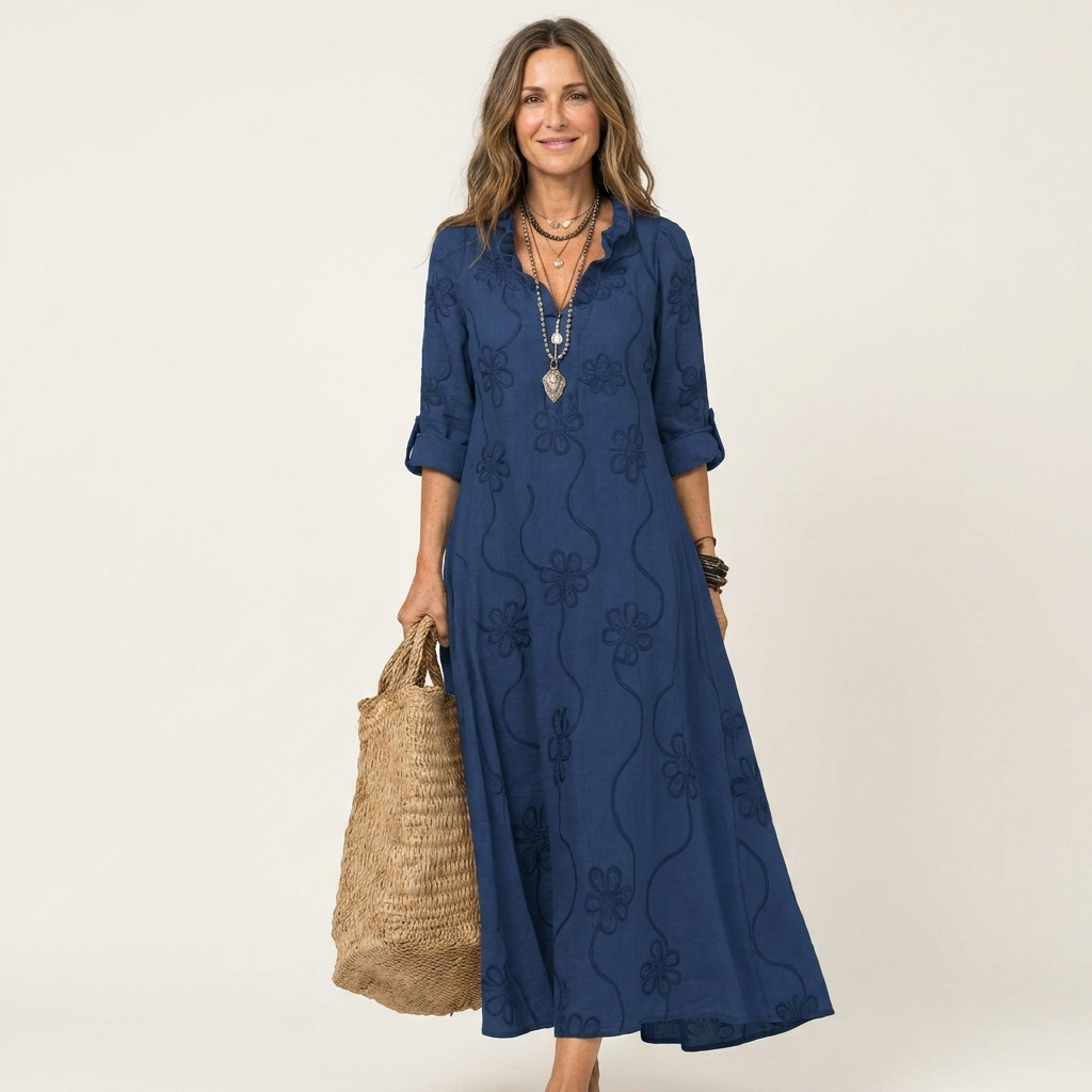 Embroidered Floral Ruffle Collar Half Placket Maxi Dress