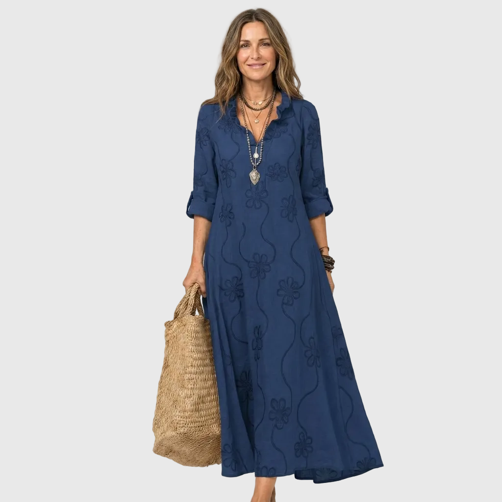 Floral Embroidered Long Sleeve Ruffle Neck Maxi Dress