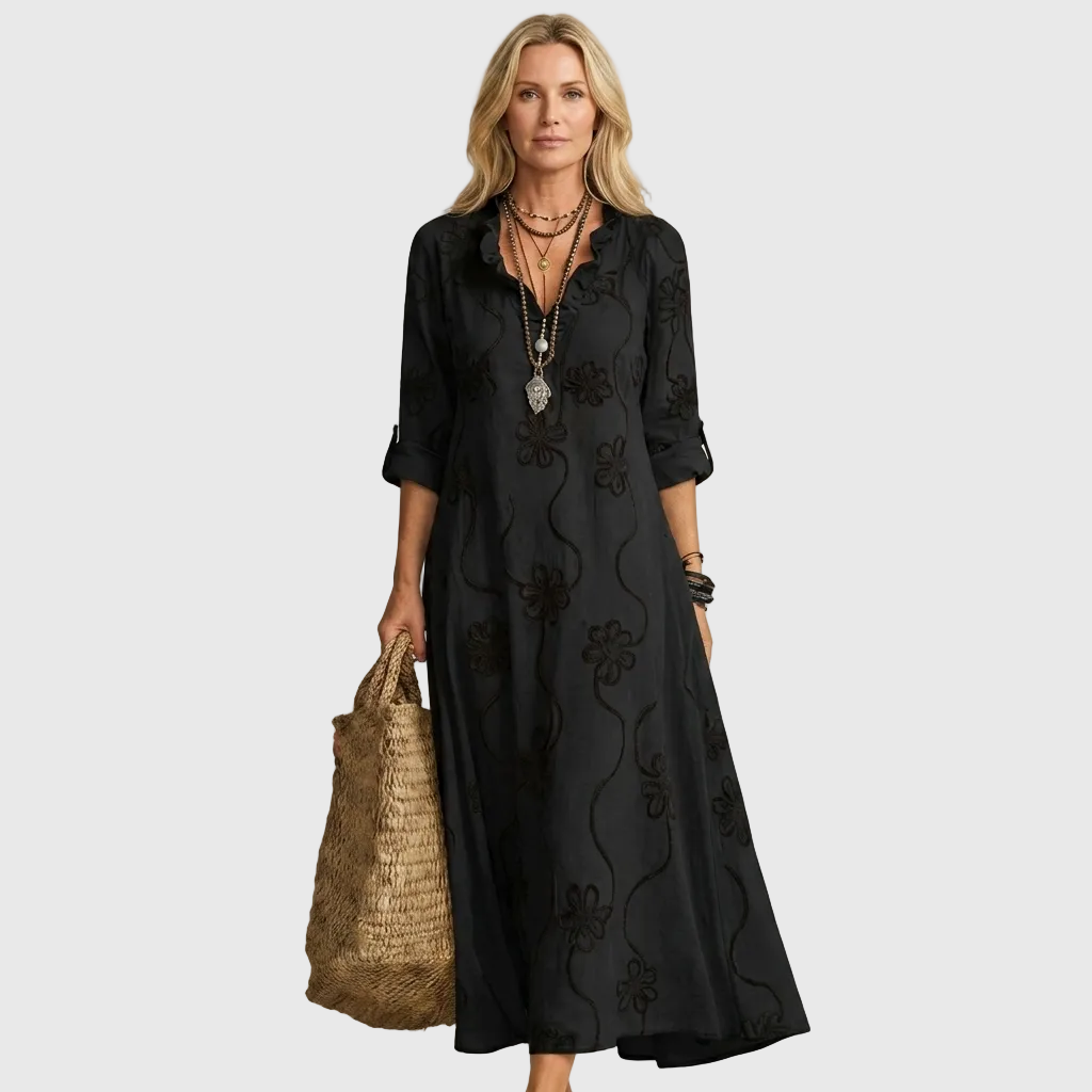 Floral Embroidered Long Sleeve Ruffle Neck Maxi Dress