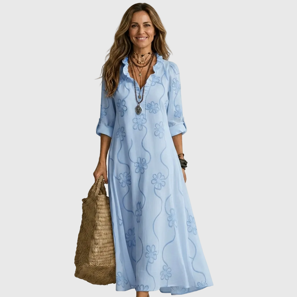 Floral Embroidered Long Sleeve Ruffle Neck Maxi Dress