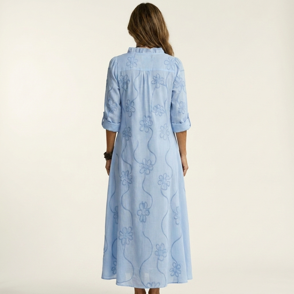 Embroidered Floral Ruffle Collar Half Placket Maxi Dress