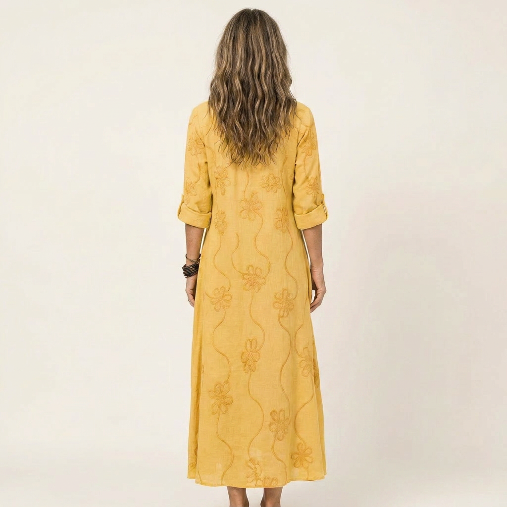 Embroidered Floral Ruffle Collar Half Placket Maxi Dress