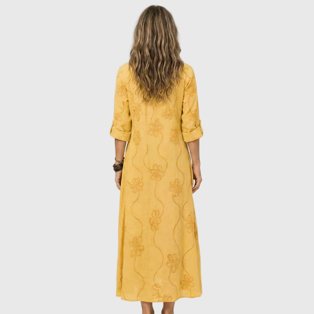 Floral Embroidered Long Sleeve Ruffle Neck Maxi Dress