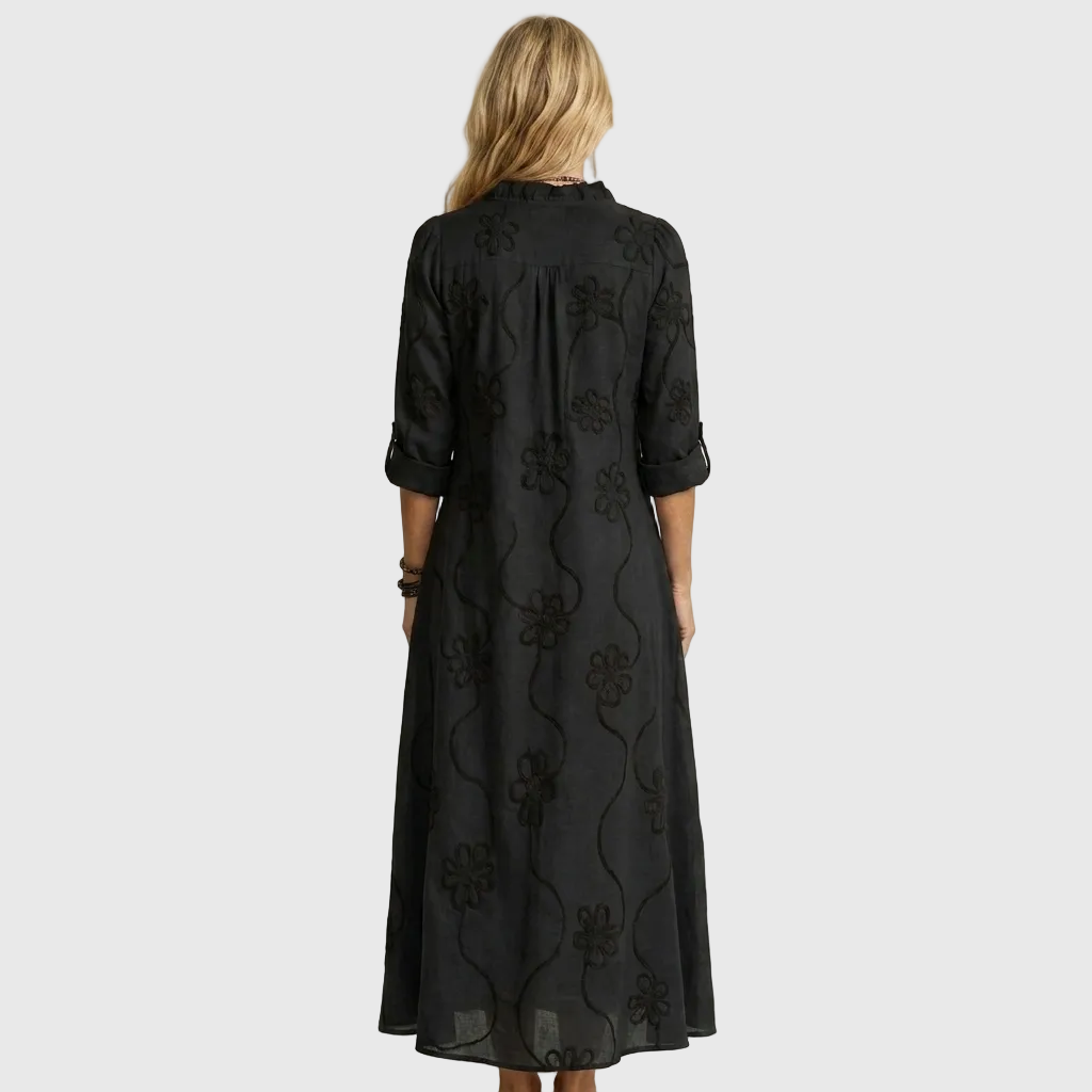Floral Embroidered Long Sleeve Ruffle Neck Maxi Dress