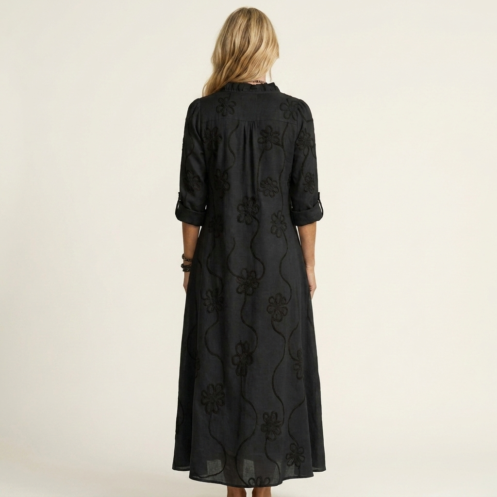 Embroidered Floral Ruffle Collar Half Placket Maxi Dress