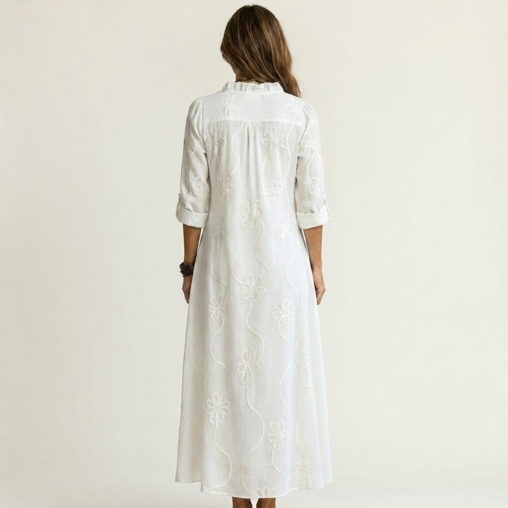 Embroidered Floral Ruffle Collar Half Placket Maxi Dress