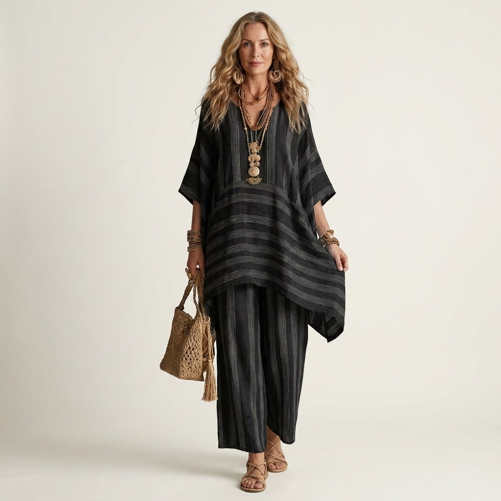 Striped V-Neck Kaftan Top and Wide Leg Pants Two Piece Set