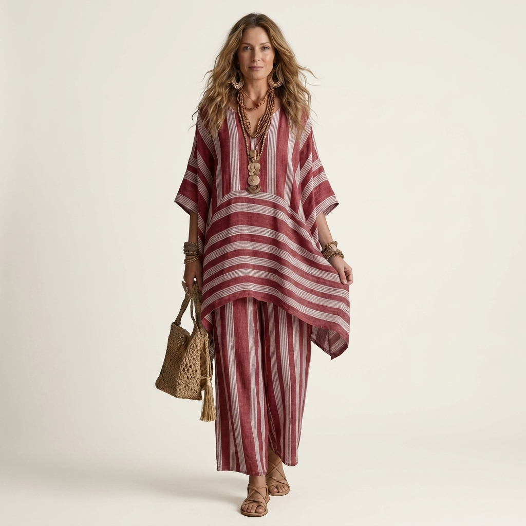Striped V-Neck Kaftan Top and Wide Leg Pants Two Piece Set