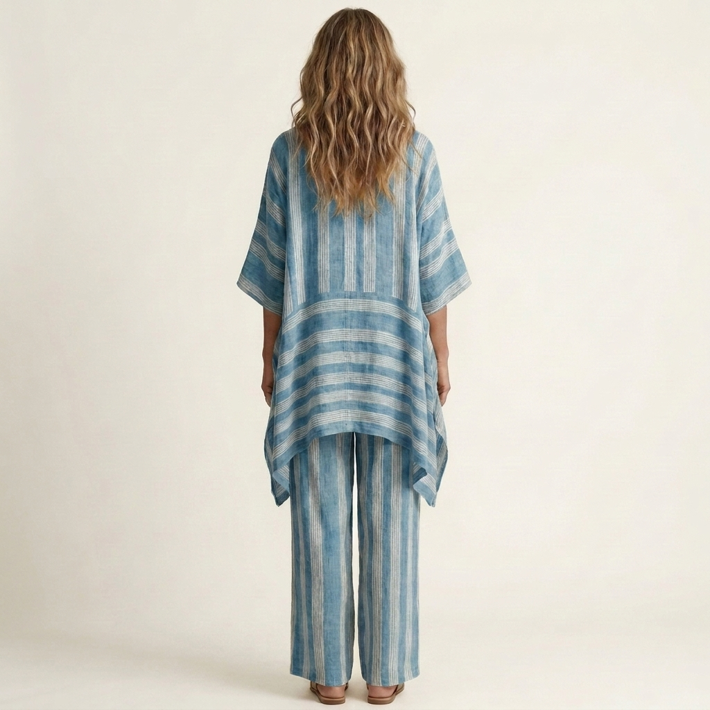 Striped V-Neck Kaftan Top and Wide Leg Pants Two Piece Set