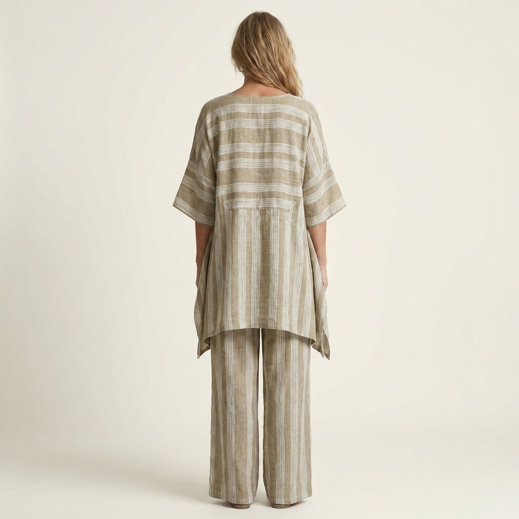 Striped V-Neck Kaftan Top and Wide Leg Pants Two Piece Set