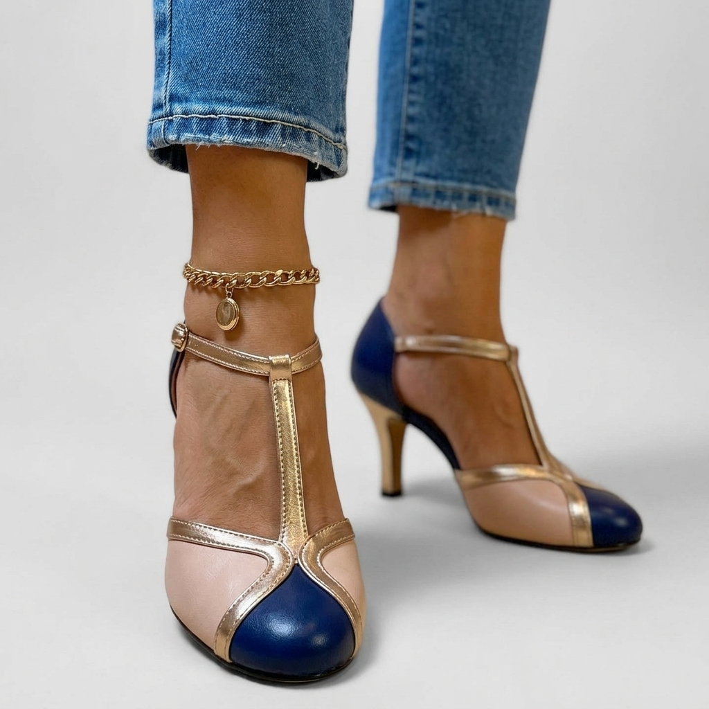 Cap Toe T-Strap Ankle Strap Stiletto Pumps