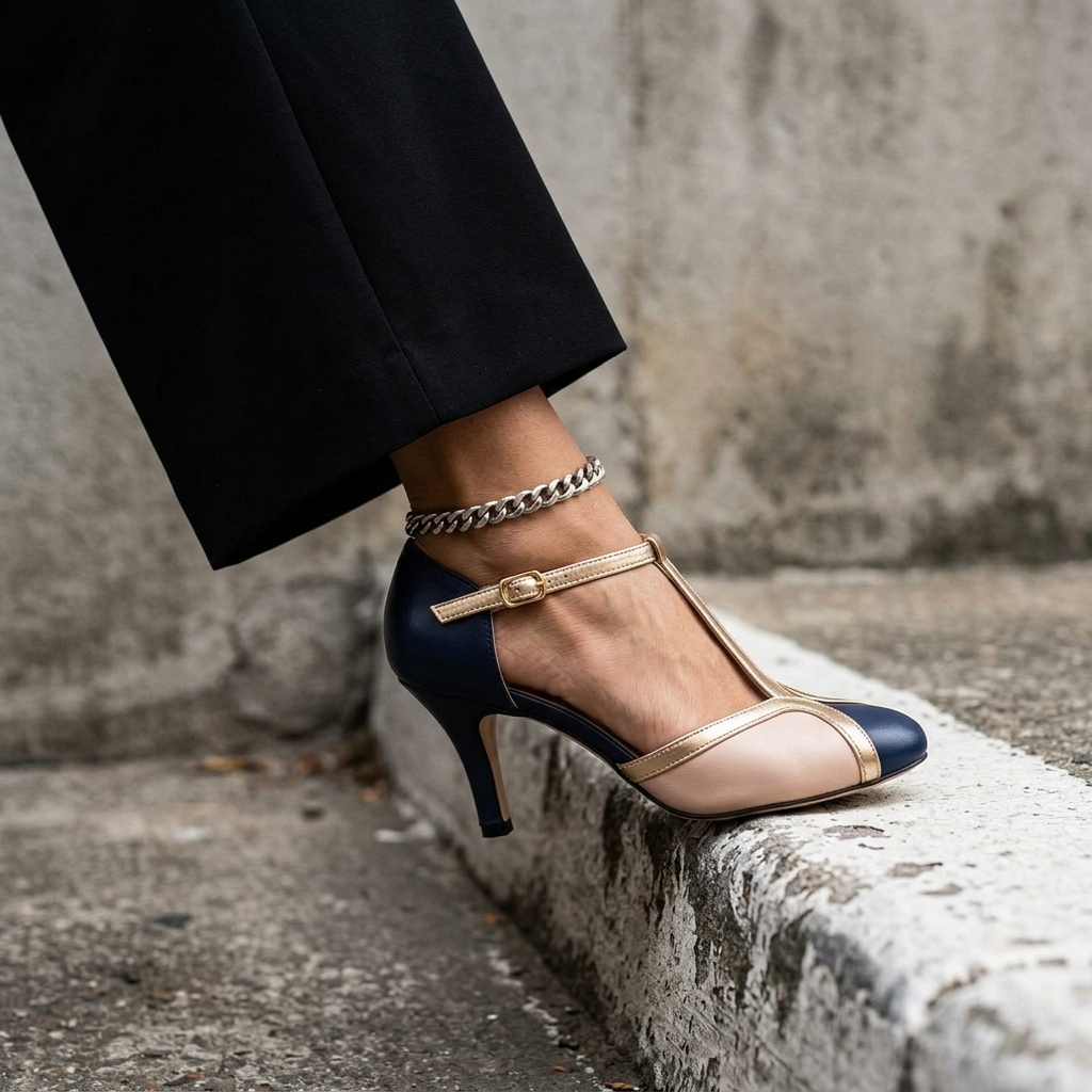 Cap Toe T-Strap Ankle Strap Stiletto Pumps
