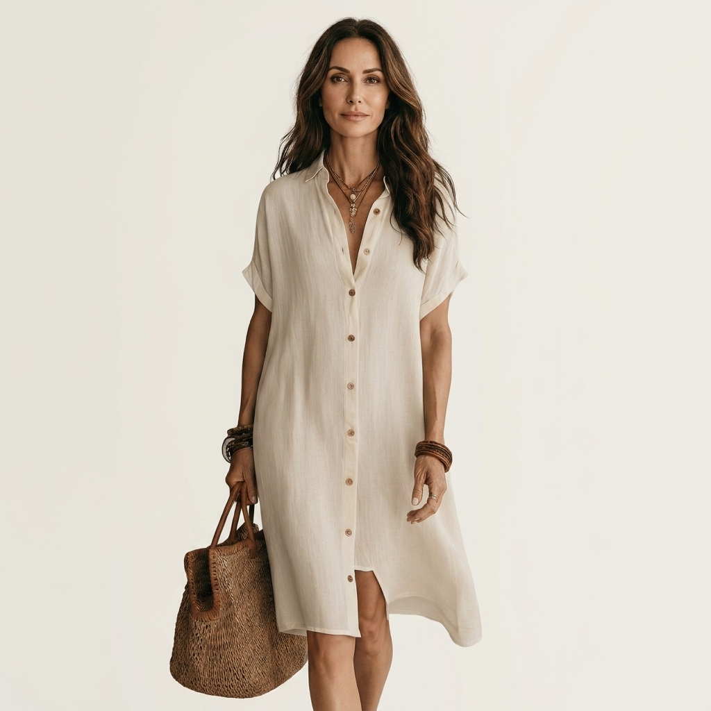 Linen Look Button Front Short Sleeve Midi Shirt Dress