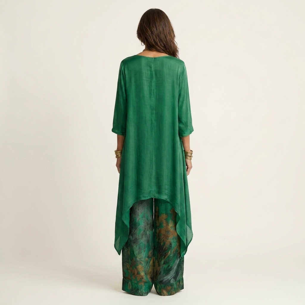 Asymmetric Hem Tunic Top and Printed Wide Leg Pants Two Piece Set