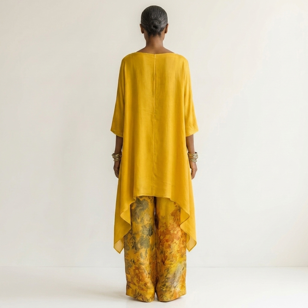 Asymmetric Hem Tunic Top and Printed Wide Leg Pants Two Piece Set