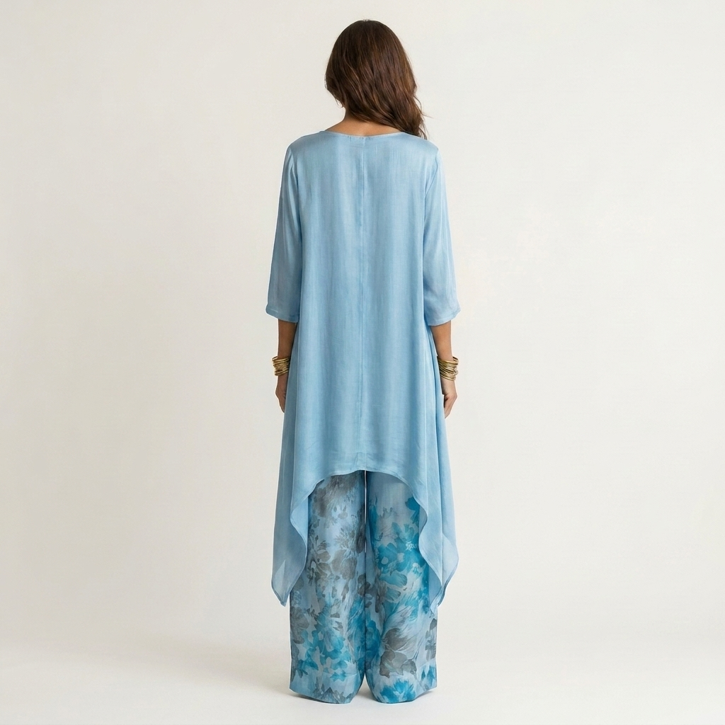 Asymmetric Hem Tunic Top and Printed Wide Leg Pants Two Piece Set