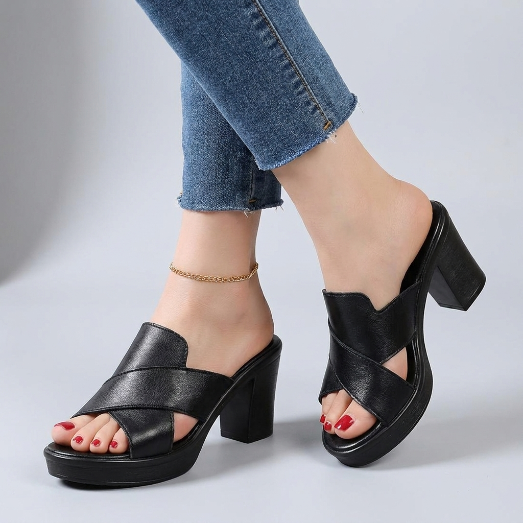 Cross Strap Platform Block Heel Mule Sandals