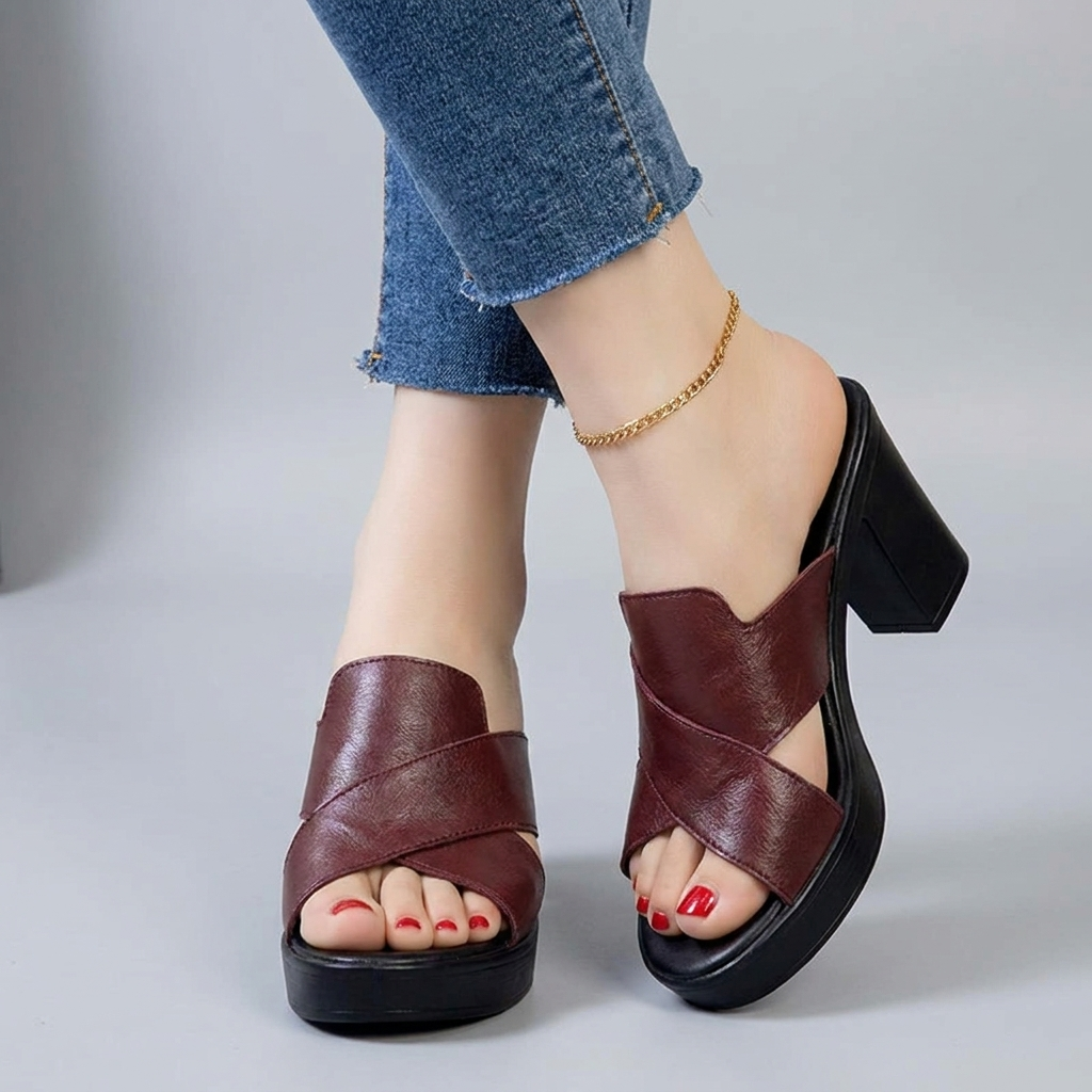 Cross Strap Platform Block Heel Mule Sandals