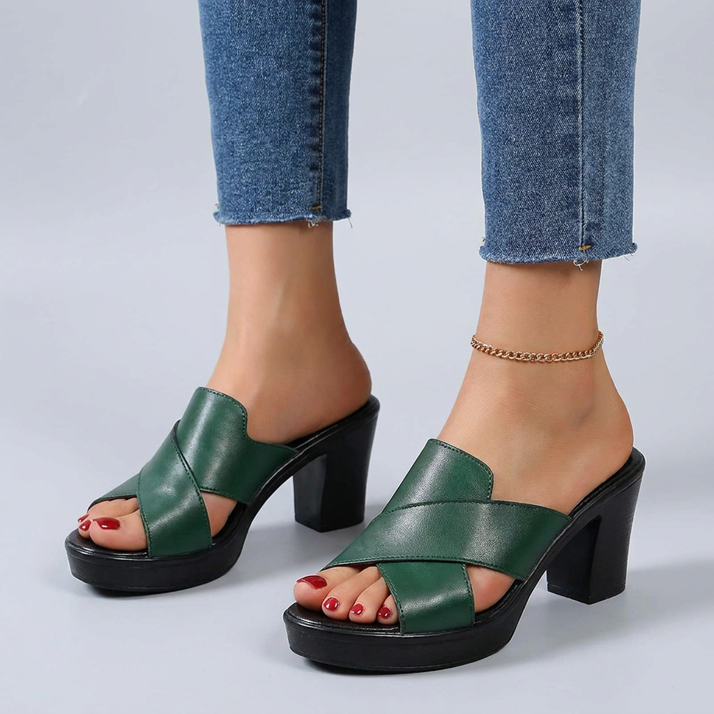 Cross Strap Platform Block Heel Mule Sandals