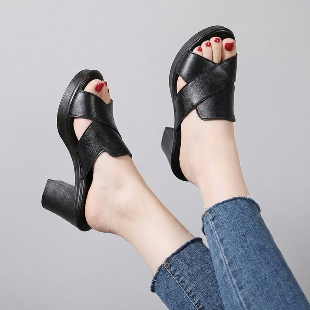 Cross Strap Platform Block Heel Mule Sandals