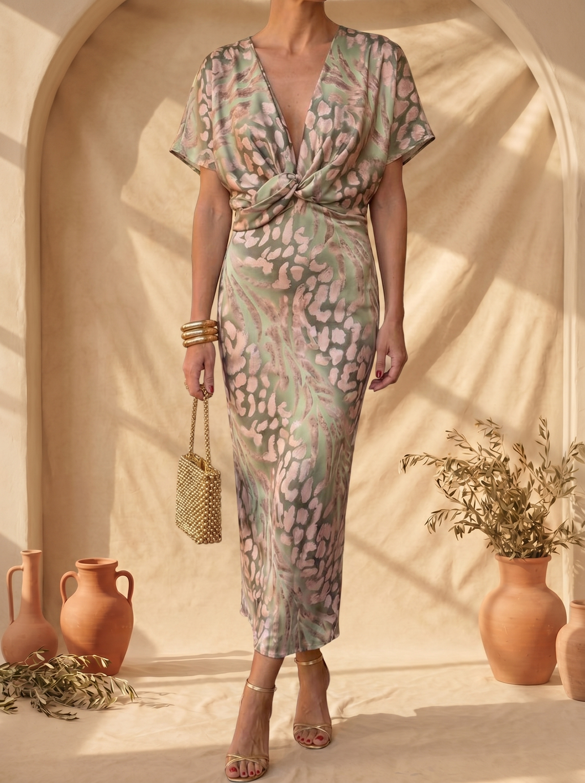 Animal Print Twist Front Deep V-Neck Short Sleeve Midi Dress