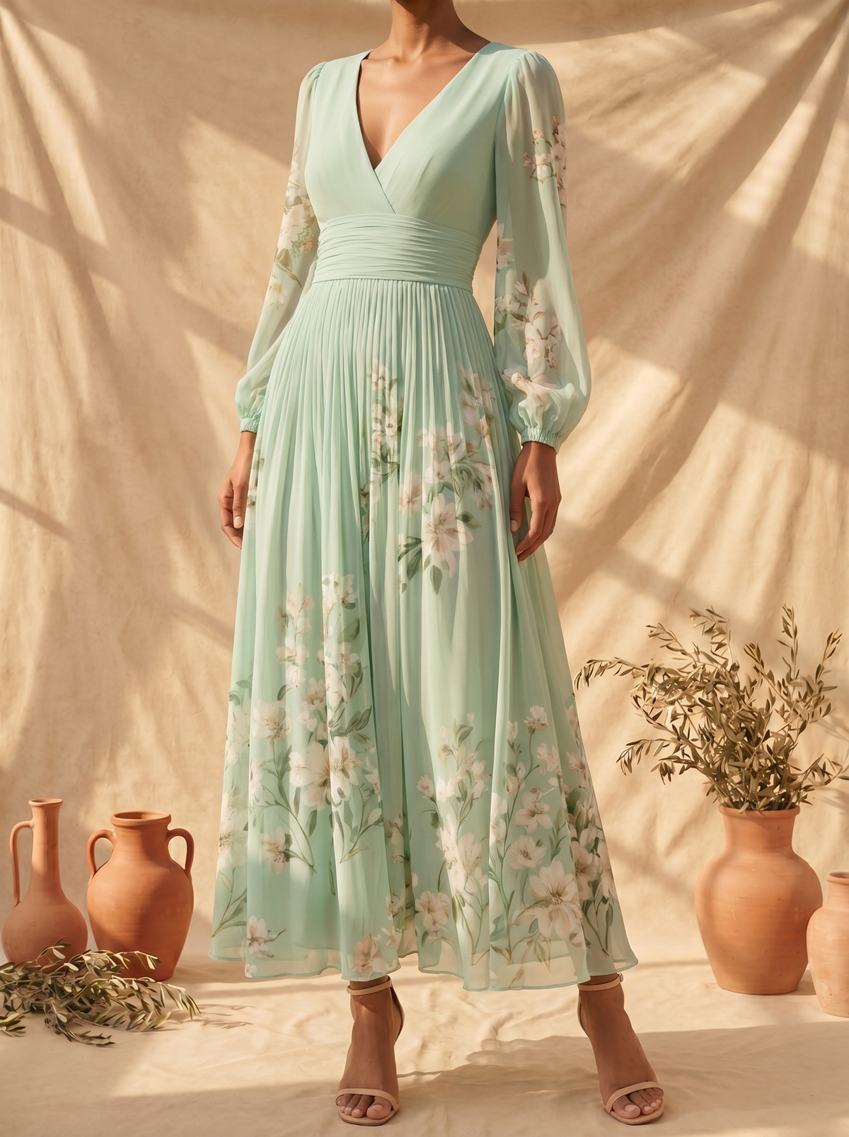 Cecile | Light Green Floral Midi Dress