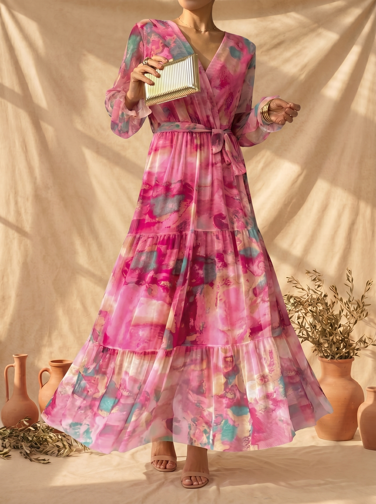 Floral Chiffon V-Neck Long Sleeve Tiered Belted Maxi Dress