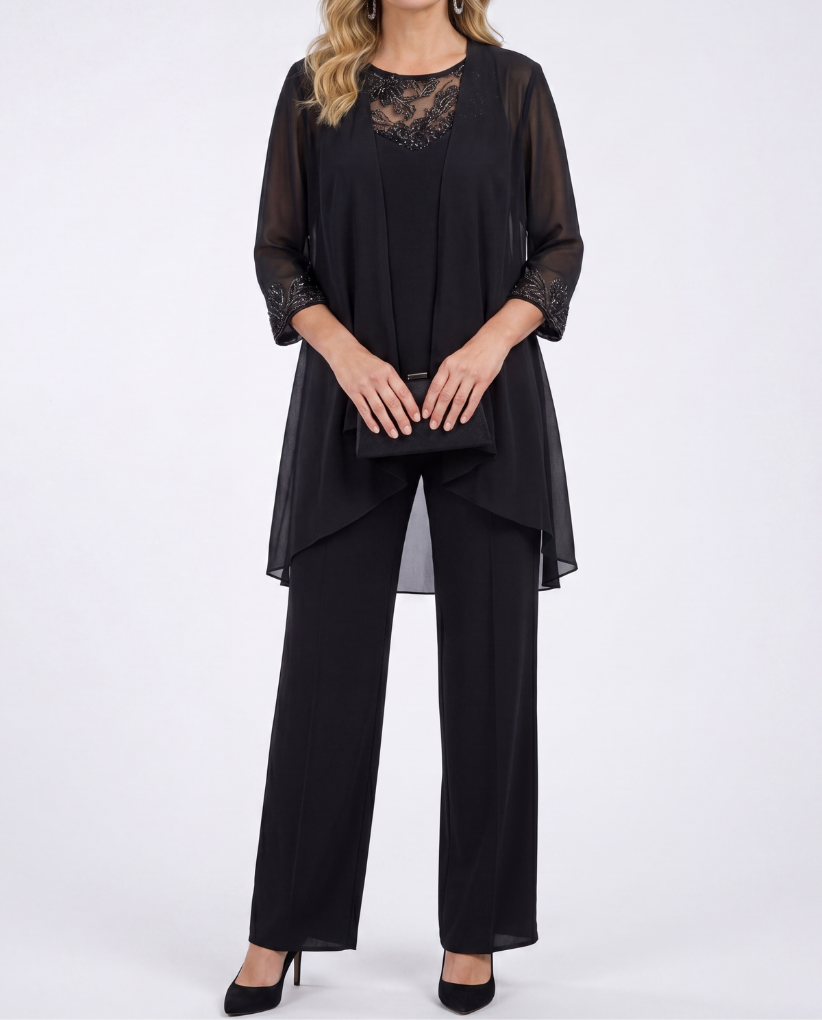 Sheer Jacket Lace Trim Top and Pants Three Piece Set
