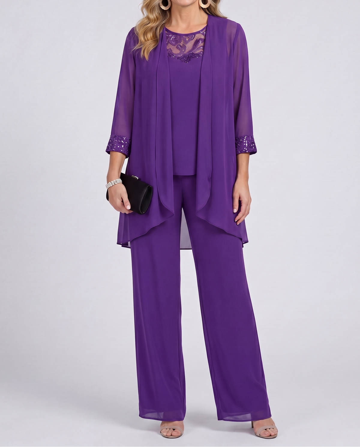 Sheer Jacket Lace Trim Top and Pants Three Piece Set