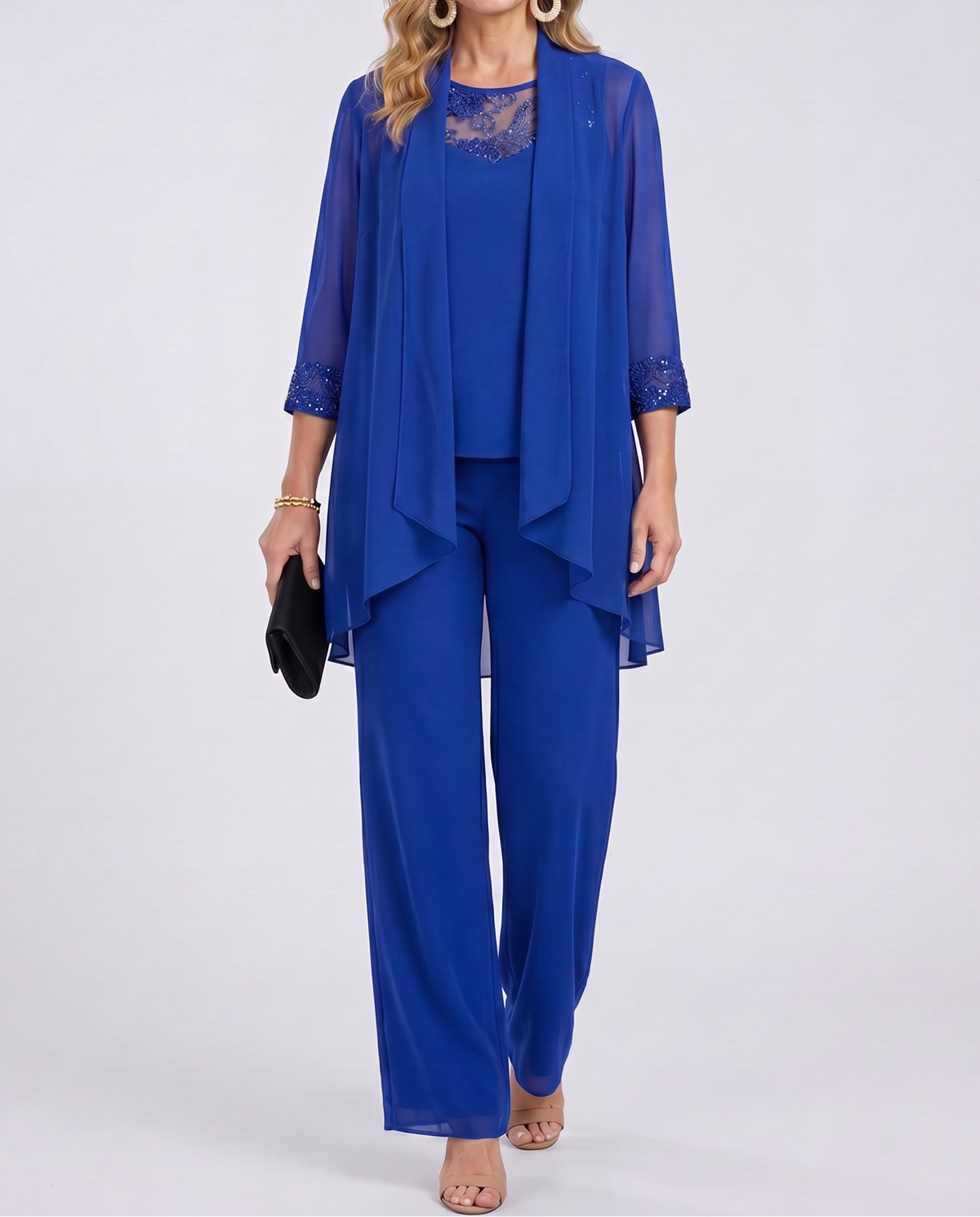 Sheer Jacket Lace Trim Top and Pants Three Piece Set