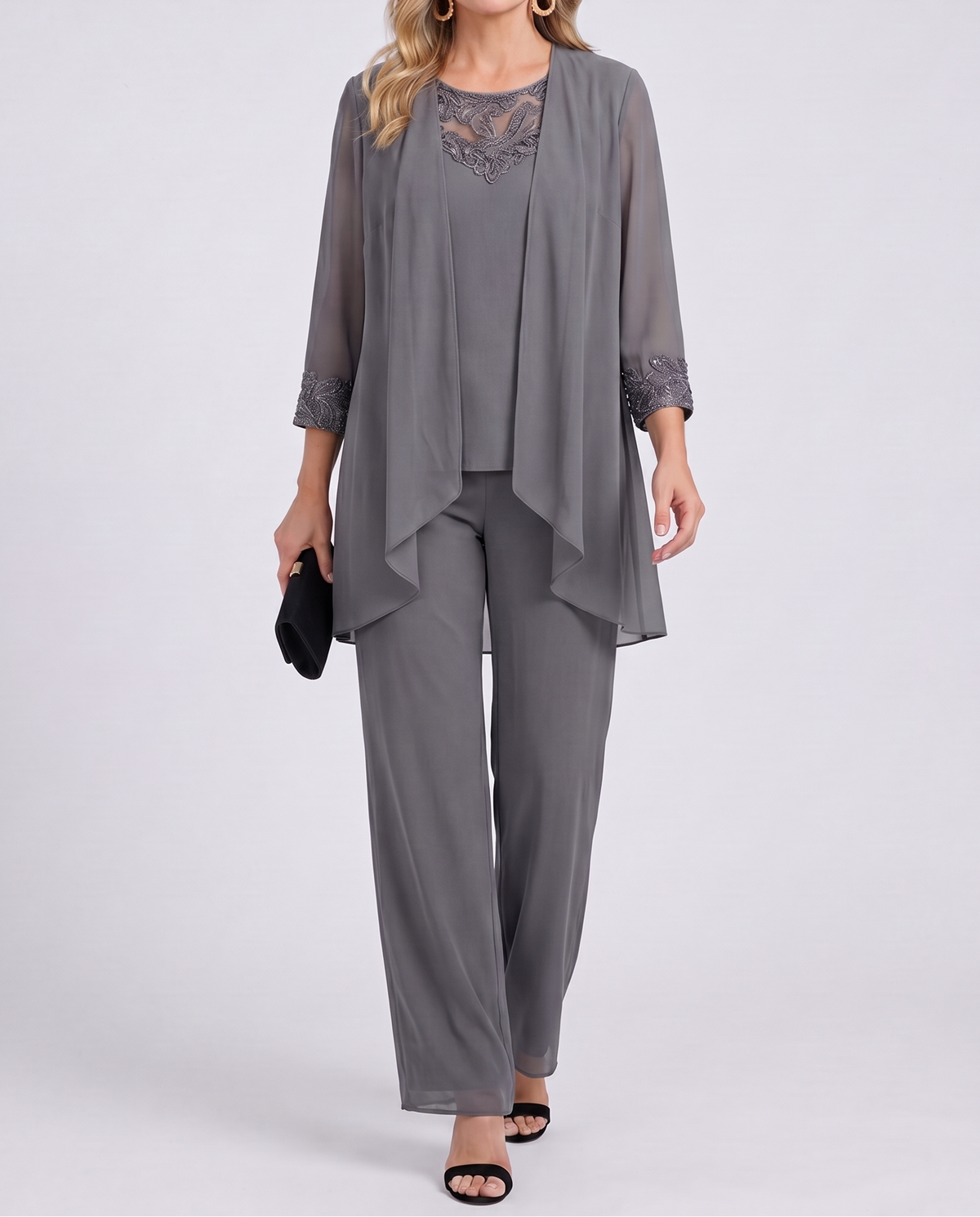 Sheer Jacket Lace Trim Top and Pants Three Piece Set