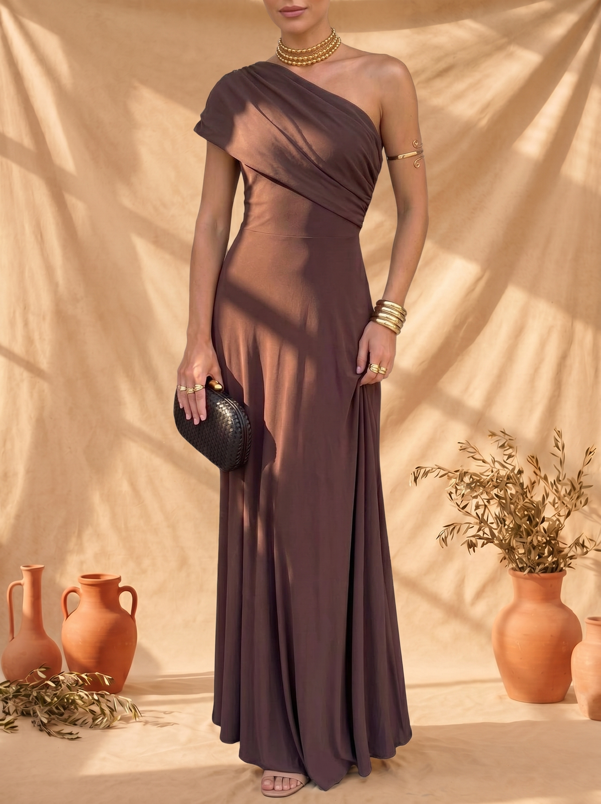 One Shoulder Draped Ruched Maxi Dress