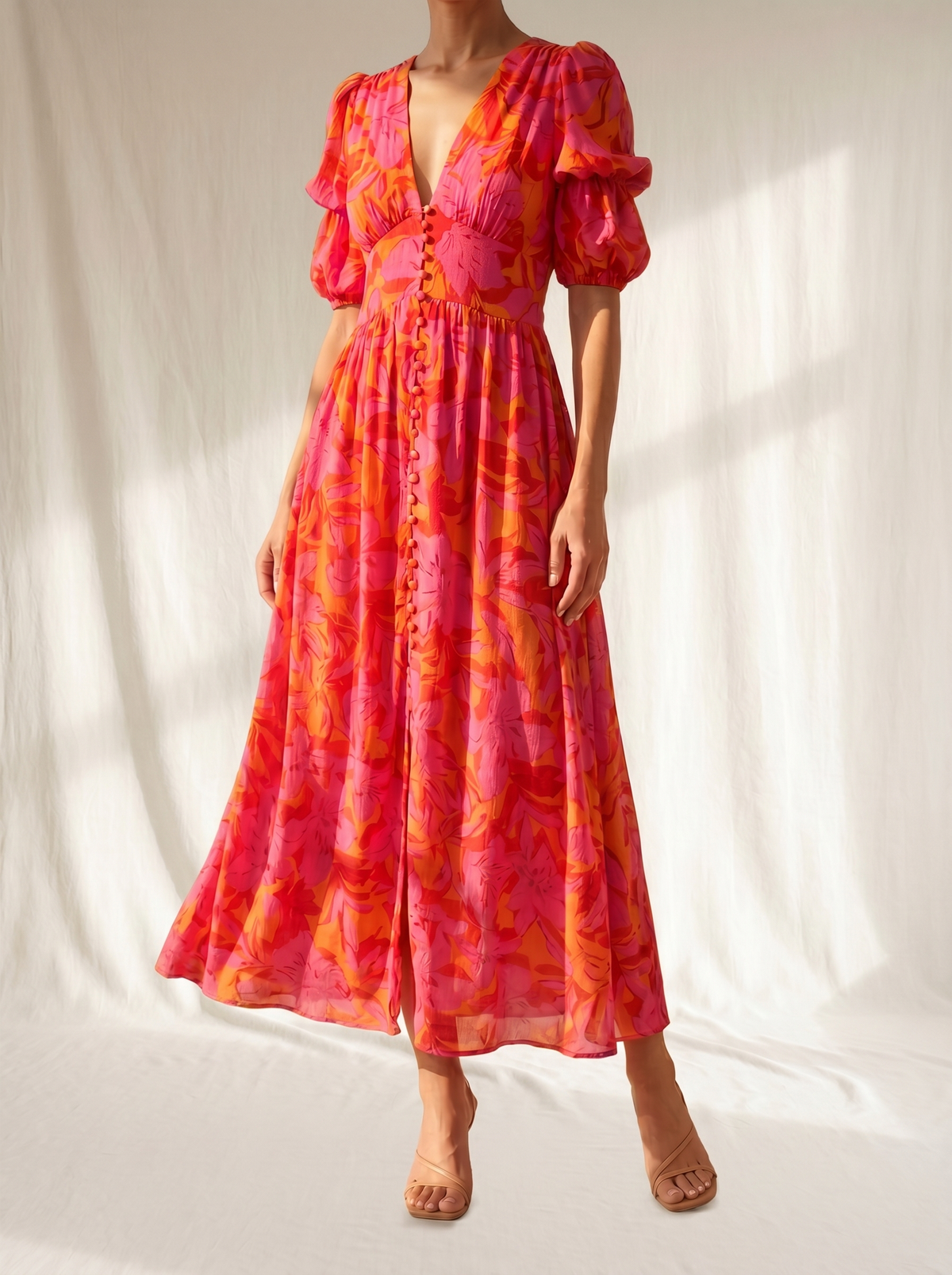 Floral Print V-Neck Puff Sleeve Button Front Midi Dress