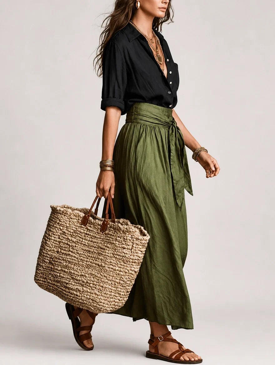 Button Front Shirt and Tie Waist Maxi Skirt Two Piece Set