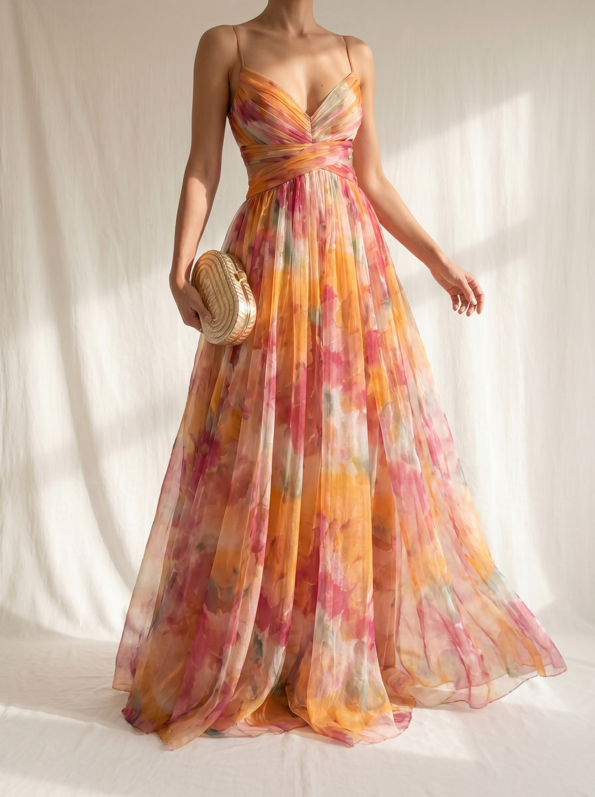 Watercolor Floral Print V-Neck Spaghetti Strap Flowy Maxi Dress