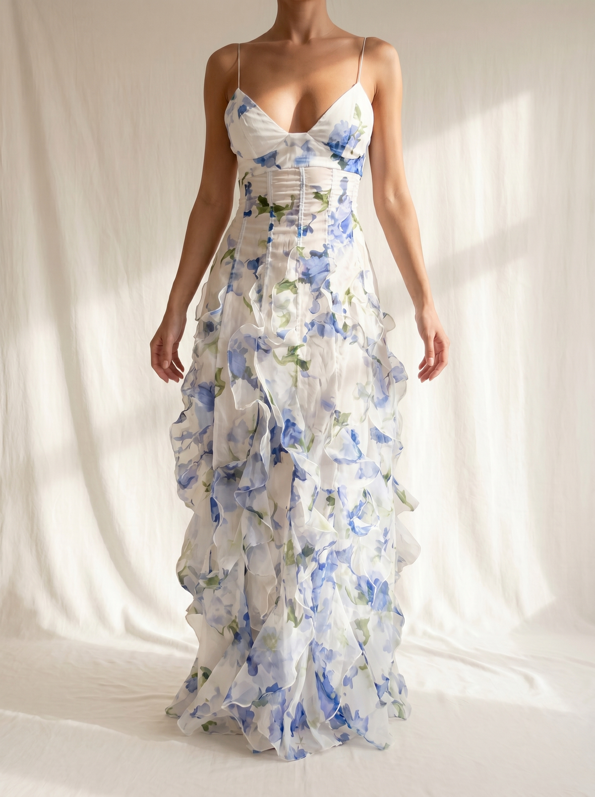 Floral V-Neck Spaghetti Strap Ruffle Maxi Dress