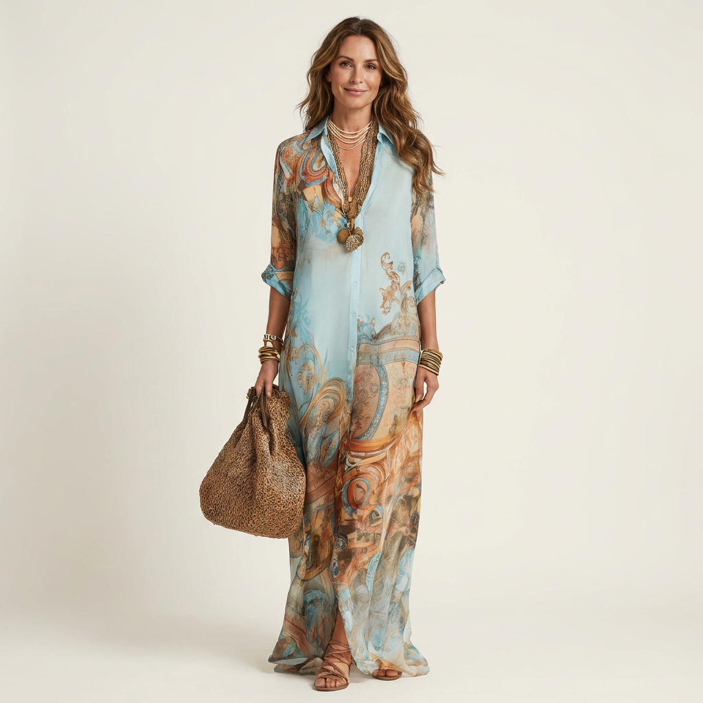 Sheer Paisley Print Collared Long Sleeve Maxi Shirt Dress