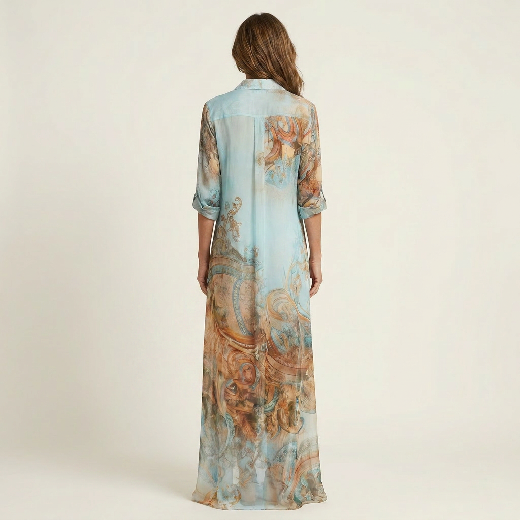Sheer Paisley Print Collared Long Sleeve Maxi Shirt Dress