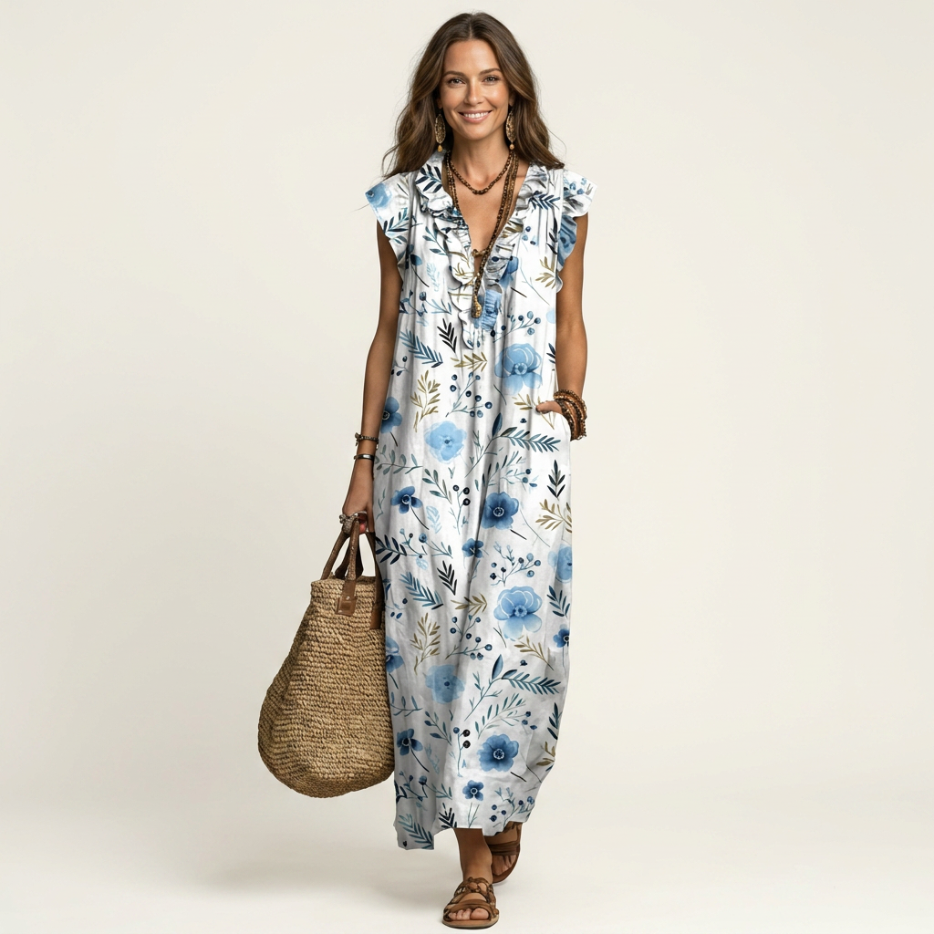 Floral Ruffle V-Neck Sleeveless Button Front Maxi Dress