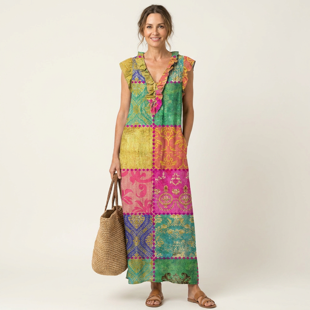 Patchwork Print Ruffle V-Neck Sleeveless Maxi Dress