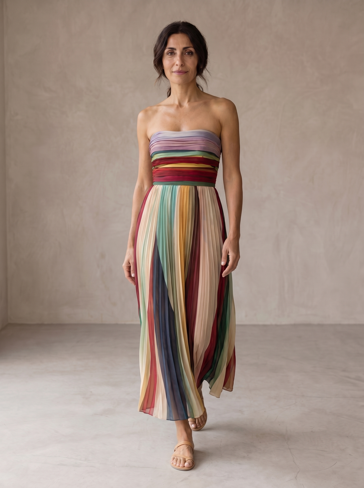Striped Pleated Strapless Flowy Maxi Dress